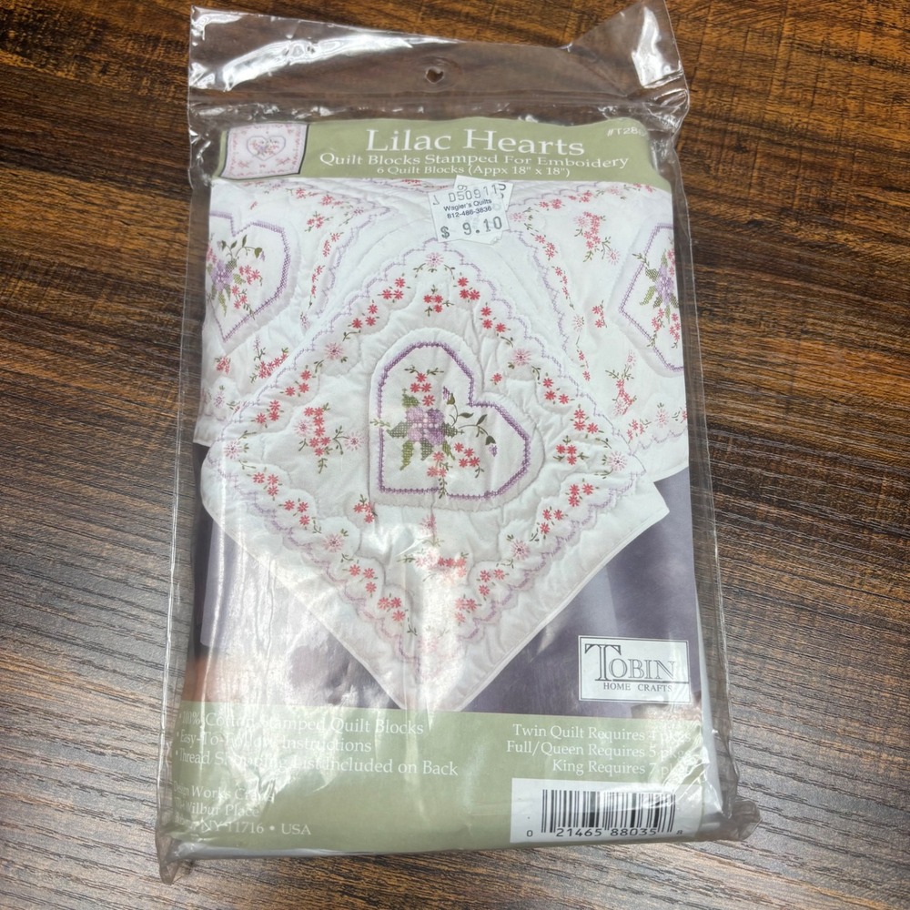 Tobin Lilac Hearts Stamped Quilt Blocks for Embroidery 6 Pack 18x18 Cotton New
